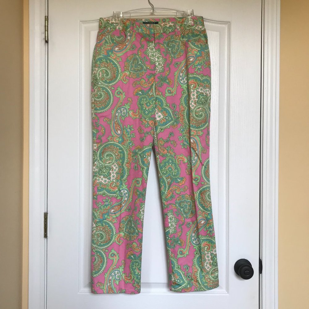 Ralph Lauren Ladies Pants Sz 8 Pink Green Paisley Preppy Spring Chinos